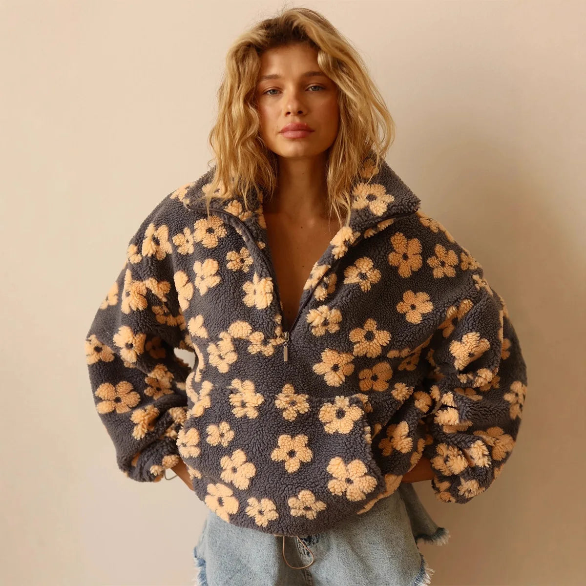 Fleece Sweatshirt No Hat Womens Hoodie Zip Pockets Woman Autumn Plush Flannel Long-Sleeve Plaid Split Cleanfit Laceup Ruffled