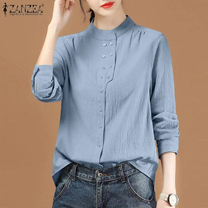 ZANZEA Chinese Style Vintage Blouse 2023 Cotton Long Sleeve Shirt Fashion Autumn Women Double Breasted Top Casual Oversize Blusa