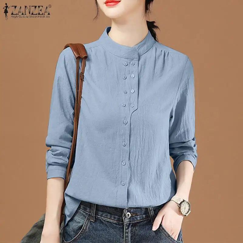ZANZEA Chinese Style Vintage Blouse 2023 Cotton Long Sleeve Shirt Fashion Autumn Women Double Breasted Top Casual Oversize Blusa