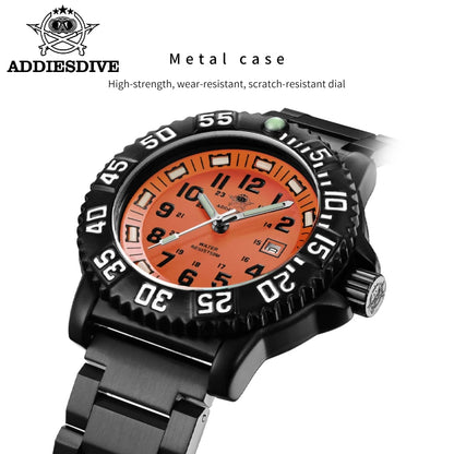 ADDIESDIVE Fashion Orange Dial Quartz Watch Waterproof Super Luminous Wristwatch Stainless Steel Strap Alloy Case Men&