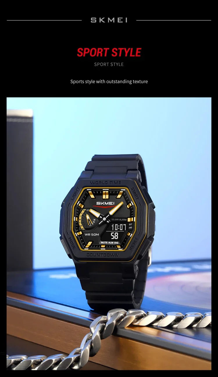 SKMEI 2438 Casual Dual Digital Display Quartz Waterproof Watches Calendar Analog Stopwatch timing Alarm LED night light Clock