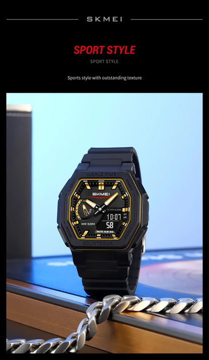 SKMEI 2438 Casual Dual Digital Display Quartz Waterproof Watches Calendar Analog Stopwatch timing Alarm LED night light Clock
