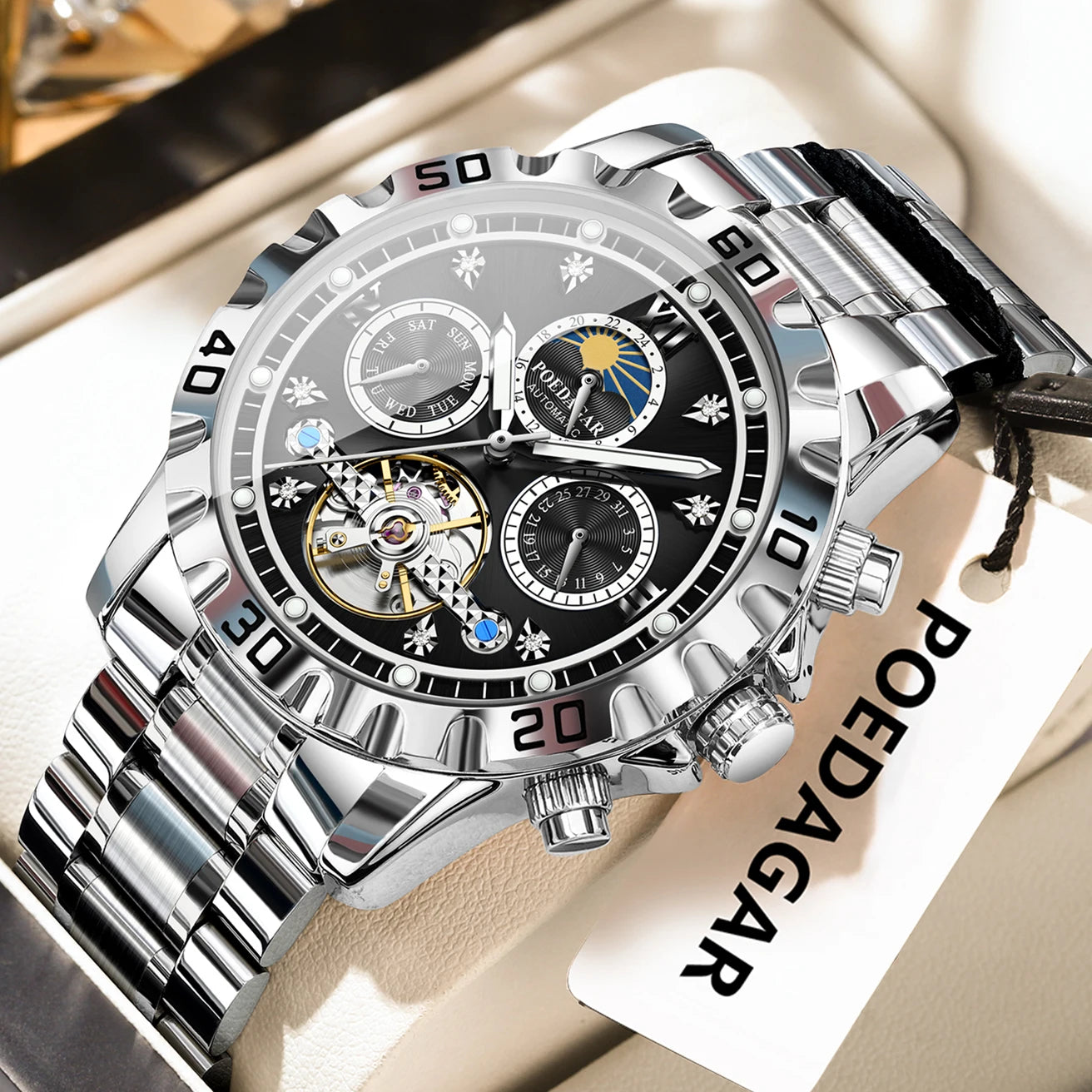 POEDAGAR Business Top Watch For Man Hollow Tourbillon Automatic Men&