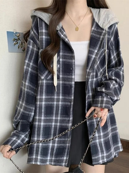 Jmprs Vintage Plaid Hooded Shirt Women Oversize Long Sleeve Y2K Blouse American Casual Harajuku Female Vintage Spring Tops New