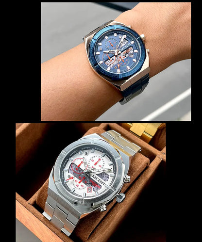 MEGIR Gray Sport Quartz Watch for Men Luxury Luminous Waterproof Metal Wristwatch with Stainless Steel Strap Date Chronograph