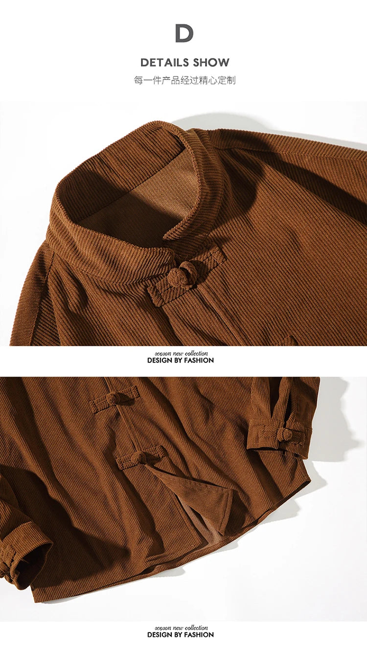 chinese style solid color Shirts for Men Corduroy Buckle Long-sleeved Shirt Autumn and Winter Tang Coat Zhongshan Coat