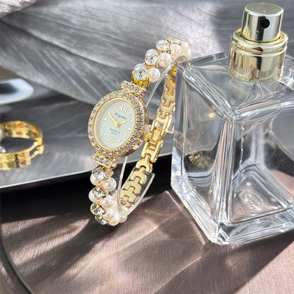 New Hot Pearl Bracelet Watch Luxury Diamond Encrusted Women Quartz Watch Oval Dial Ladies Wristwatches Dropshipping clock