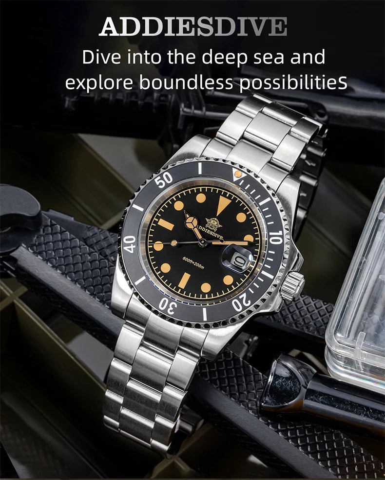 ADDIESDIVE AD2054 Quartz Watch 200M Waterproof Stainless Steel Men&