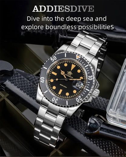 ADDIESDIVE AD2054 Quartz Watch 200M Waterproof Stainless Steel Men&