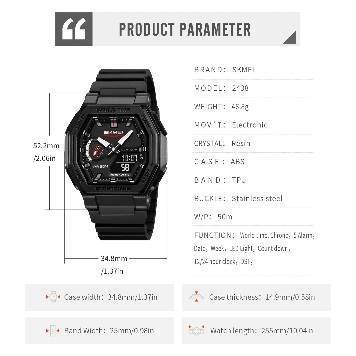 SKMEI 2438 Casual Dual Digital Display Quartz Waterproof Watches Calendar Analog Stopwatch timing Alarm LED night light Clock