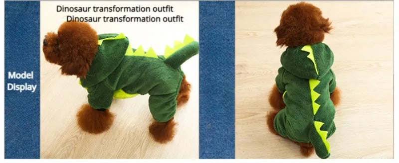 Dog Clothing Autumn Winter Thickened Coral Velvet Thermal Insulation Teddy Puppy Clothes Warm Garment Dinosaur Cream Dress Up