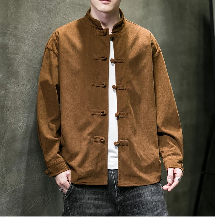chinese style solid color Shirts for Men Corduroy Buckle Long-sleeved Shirt Autumn and Winter Tang Coat Zhongshan Coat
