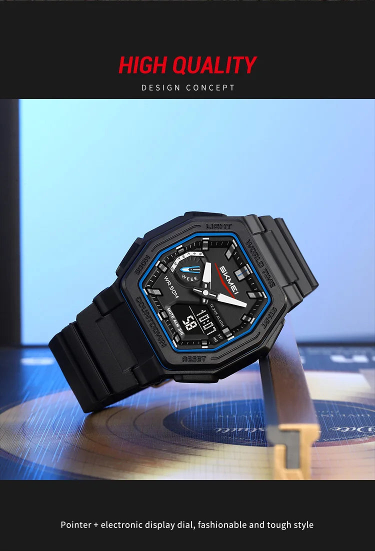 SKMEI 2438 Casual Dual Digital Display Quartz Waterproof Watches Calendar Analog Stopwatch timing Alarm LED night light Clock