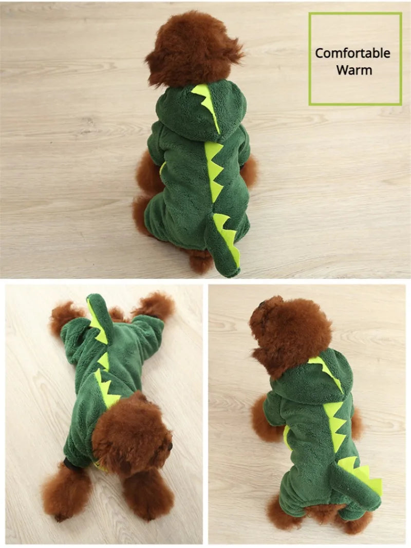 Dog Clothing Autumn Winter Thickened Coral Velvet Thermal Insulation Teddy Puppy Clothes Warm Garment Dinosaur Cream Dress Up