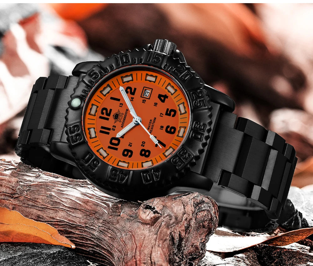 ADDIESDIVE Fashion Orange Dial Quartz Watch Waterproof Super Luminous Wristwatch Stainless Steel Strap Alloy Case Men&