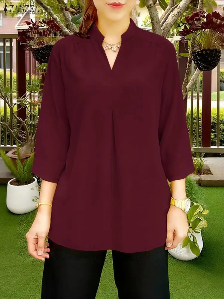 2025 ZANZEA Autumn V Neck Long Sleeve Tops Women Blouse Casual Solid Loose Shirt Elegant OL Work Shirts Oversize Female Chemise