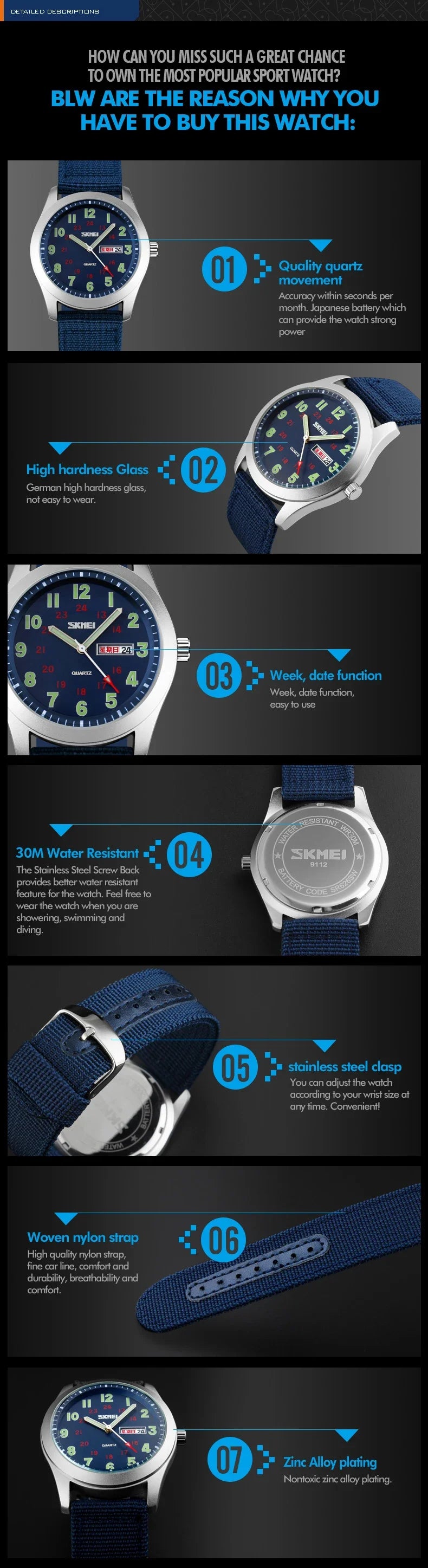 SKMEI 9112 Watches Luminous Pointer Waterproof Male Wristwatch Date Calendar Clock Reloj Hombre Luxury Men Sport Quartz