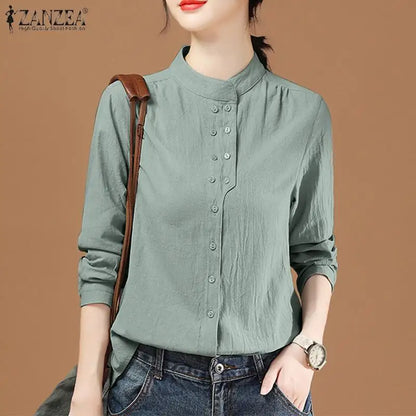 ZANZEA Chinese Style Vintage Blouse 2023 Cotton Long Sleeve Shirt Fashion Autumn Women Double Breasted Top Casual Oversize Blusa