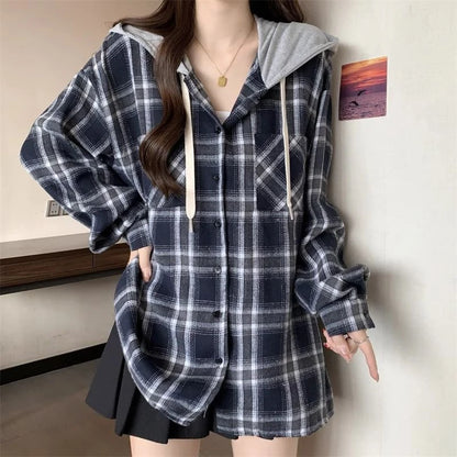 Jmprs Vintage Plaid Hooded Shirt Women Oversize Long Sleeve Y2K Blouse American Casual Harajuku Female Vintage Spring Tops New