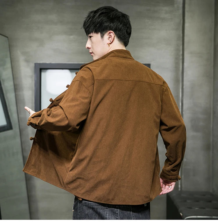 chinese style solid color Shirts for Men Corduroy Buckle Long-sleeved Shirt Autumn and Winter Tang Coat Zhongshan Coat