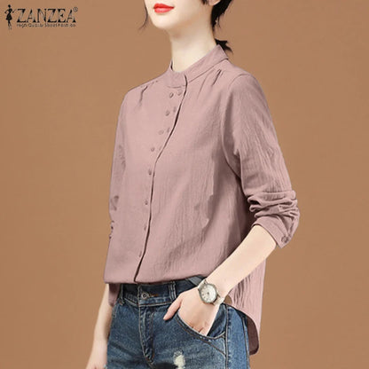ZANZEA Chinese Style Vintage Blouse 2023 Cotton Long Sleeve Shirt Fashion Autumn Women Double Breasted Top Casual Oversize Blusa