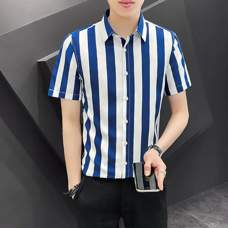 Korean Fashion Trend Handsome Summer Striped Short Sleeved Shirt Men&
