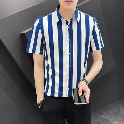 Korean Fashion Trend Handsome Summer Striped Short Sleeved Shirt Men&