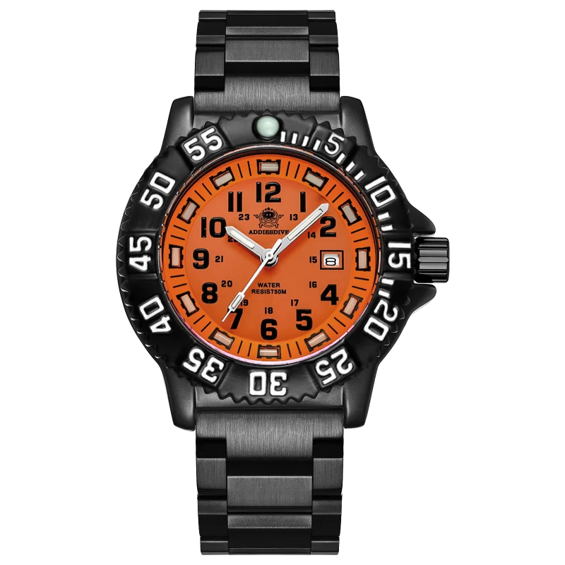 ADDIESDIVE Fashion Orange Dial Quartz Watch Waterproof Super Luminous Wristwatch Stainless Steel Strap Alloy Case Men&