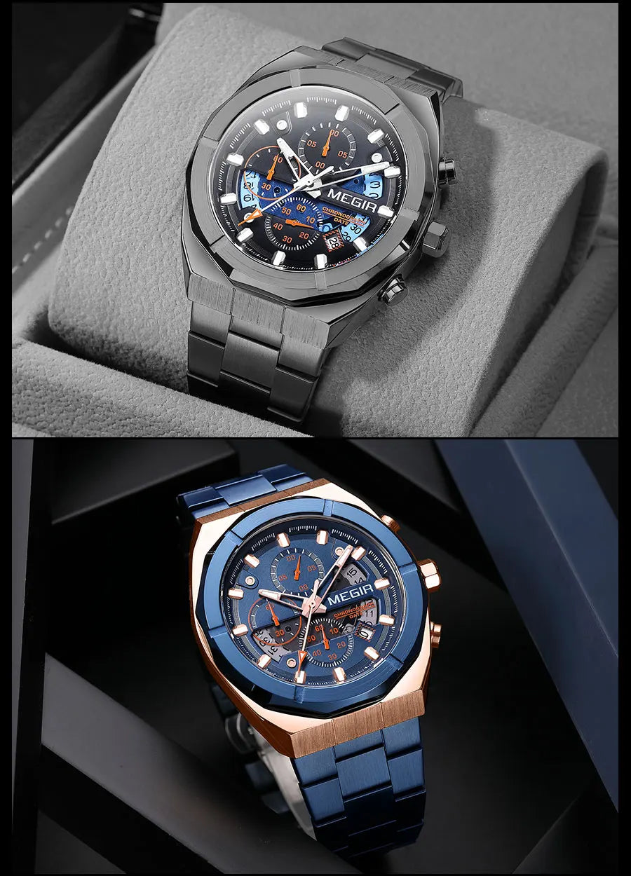 MEGIR Gray Sport Quartz Watch for Men Luxury Luminous Waterproof Metal Wristwatch with Stainless Steel Strap Date Chronograph
