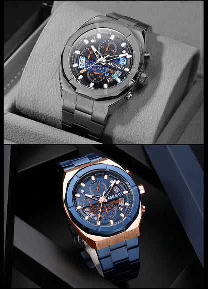 MEGIR Gray Sport Quartz Watch for Men Luxury Luminous Waterproof Metal Wristwatch with Stainless Steel Strap Date Chronograph