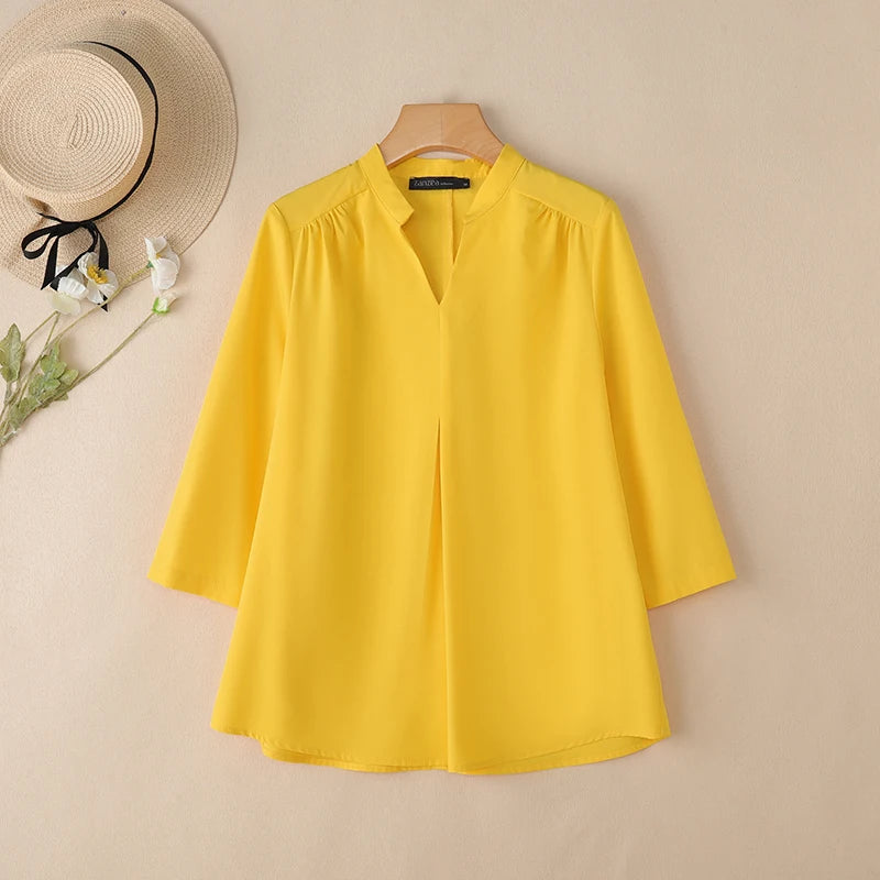 2025 ZANZEA Autumn V Neck Long Sleeve Tops Women Blouse Casual Solid Loose Shirt Elegant OL Work Shirts Oversize Female Chemise