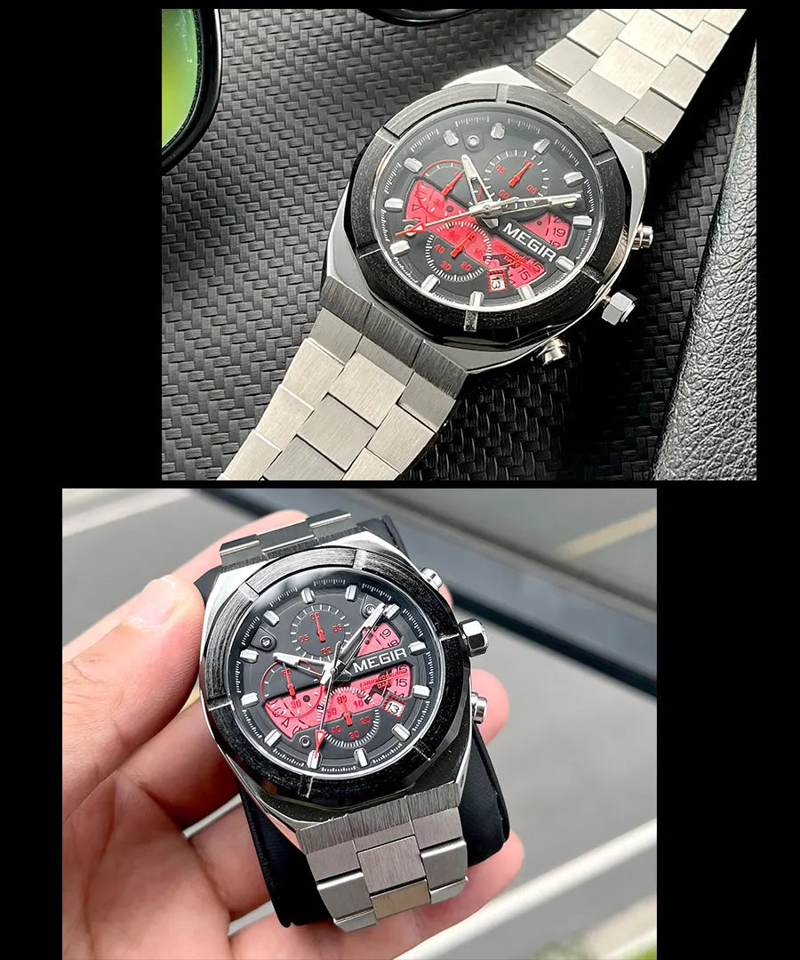 MEGIR Gray Sport Quartz Watch for Men Luxury Luminous Waterproof Metal Wristwatch with Stainless Steel Strap Date Chronograph