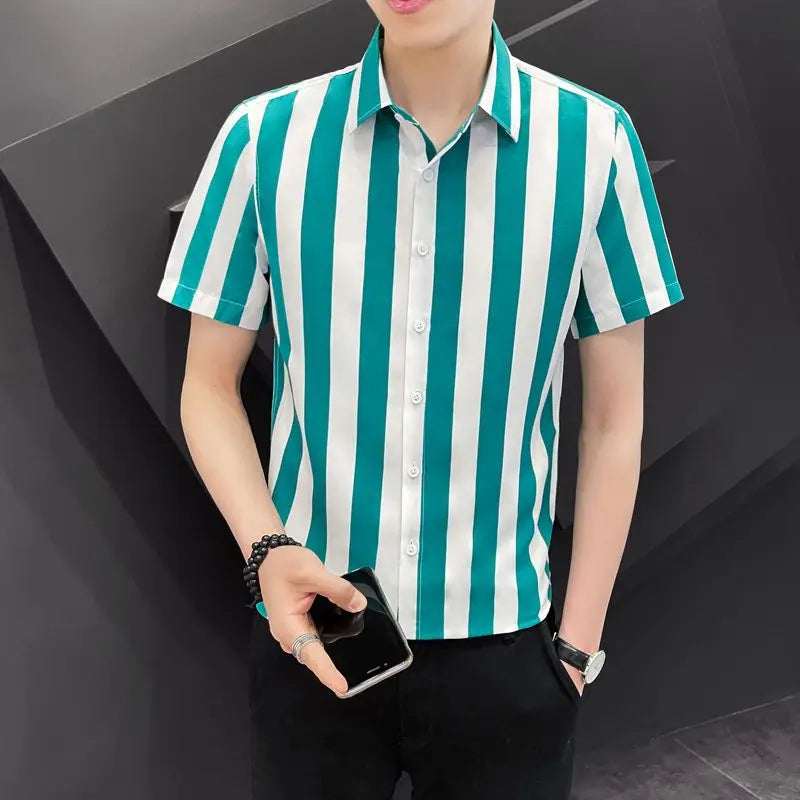Korean Fashion Trend Handsome Summer Striped Short Sleeved Shirt Men&