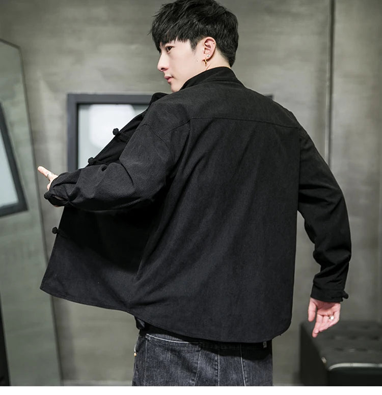chinese style solid color Shirts for Men Corduroy Buckle Long-sleeved Shirt Autumn and Winter Tang Coat Zhongshan Coat