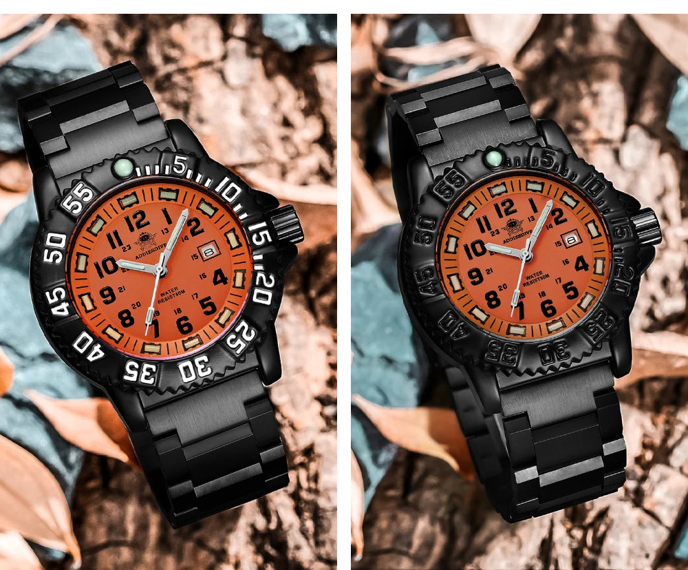 ADDIESDIVE Fashion Orange Dial Quartz Watch Waterproof Super Luminous Wristwatch Stainless Steel Strap Alloy Case Men&