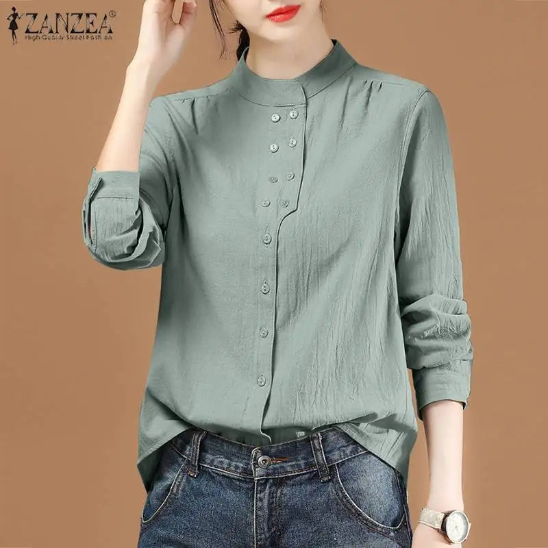 ZANZEA Chinese Style Vintage Blouse 2023 Cotton Long Sleeve Shirt Fashion Autumn Women Double Breasted Top Casual Oversize Blusa