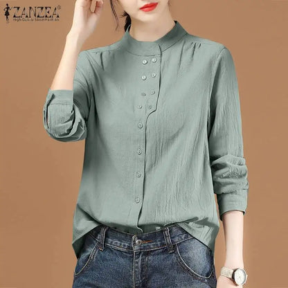 ZANZEA Chinese Style Vintage Blouse 2023 Cotton Long Sleeve Shirt Fashion Autumn Women Double Breasted Top Casual Oversize Blusa