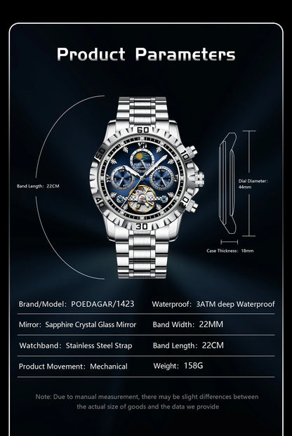 POEDAGAR Business Top Watch For Man Hollow Tourbillon Automatic Men&