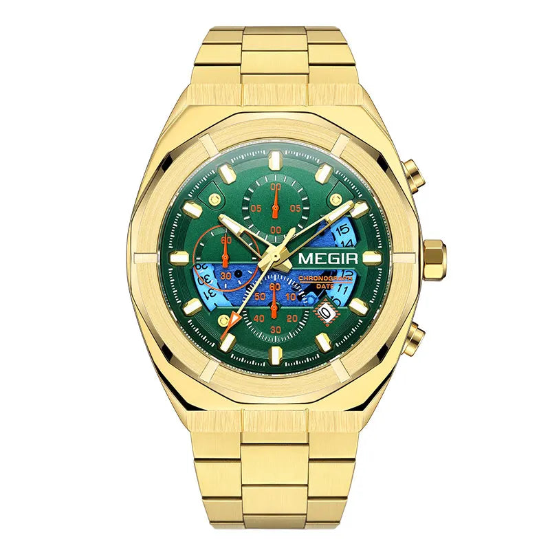 MEGIR Gray Sport Quartz Watch for Men Luxury Luminous Waterproof Metal Wristwatch with Stainless Steel Strap Date Chronograph