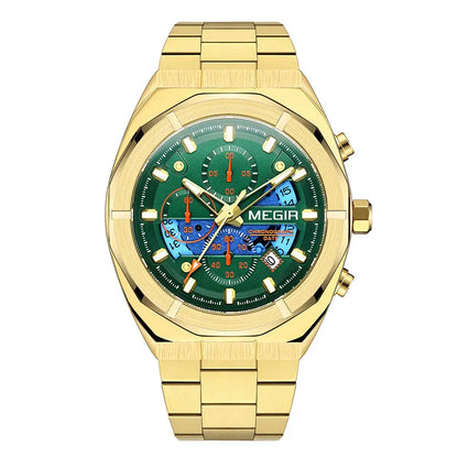 MEGIR Gray Sport Quartz Watch for Men Luxury Luminous Waterproof Metal Wristwatch with Stainless Steel Strap Date Chronograph