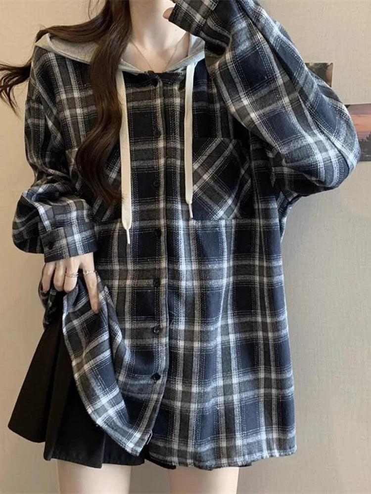 Jmprs Vintage Plaid Hooded Shirt Women Oversize Long Sleeve Y2K Blouse American Casual Harajuku Female Vintage Spring Tops New