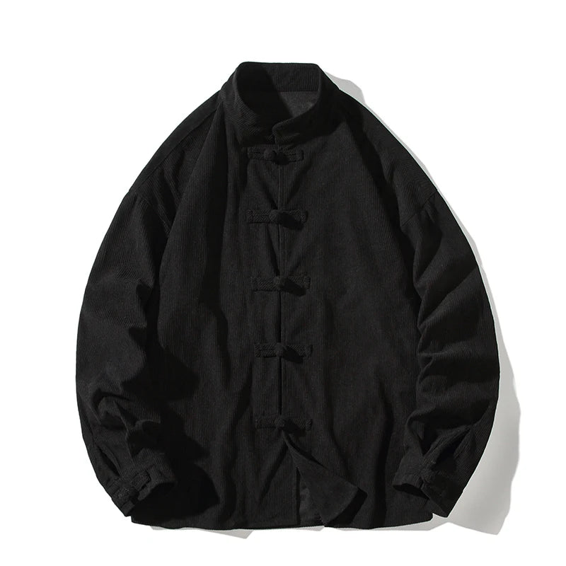 chinese style solid color Shirts for Men Corduroy Buckle Long-sleeved Shirt Autumn and Winter Tang Coat Zhongshan Coat