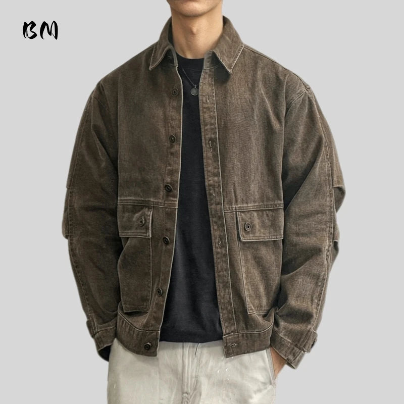 Mens Work Shirt Vintage American Style Pure Cotton Distressed Casual Long Sleeve Loose Fit Plus Size Button Down High Quality
