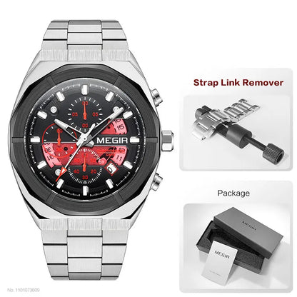 MEGIR Gray Sport Quartz Watch for Men Luxury Luminous Waterproof Metal Wristwatch with Stainless Steel Strap Date Chronograph