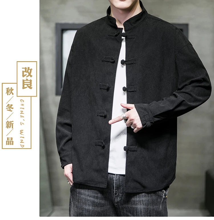 chinese style solid color Shirts for Men Corduroy Buckle Long-sleeved Shirt Autumn and Winter Tang Coat Zhongshan Coat