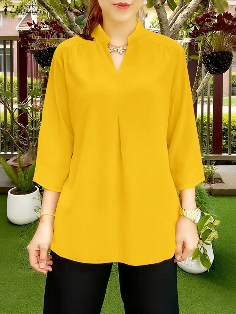 2025 ZANZEA Autumn V Neck Long Sleeve Tops Women Blouse Casual Solid Loose Shirt Elegant OL Work Shirts Oversize Female Chemise