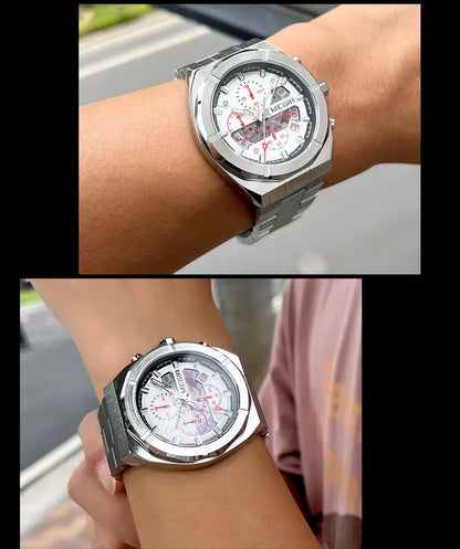 MEGIR Gray Sport Quartz Watch for Men Luxury Luminous Waterproof Metal Wristwatch with Stainless Steel Strap Date Chronograph