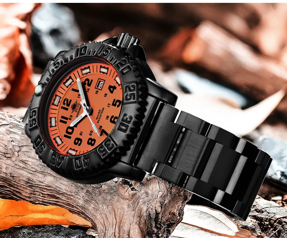 ADDIESDIVE Fashion Orange Dial Quartz Watch Waterproof Super Luminous Wristwatch Stainless Steel Strap Alloy Case Men&