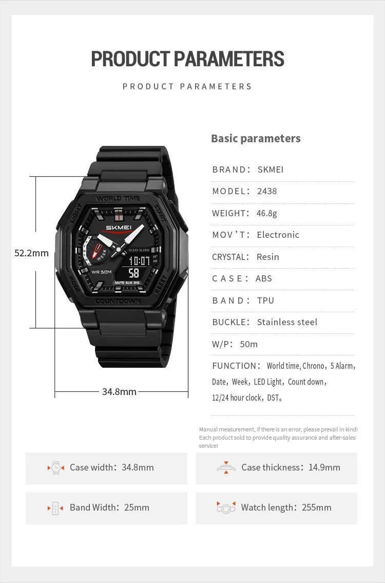 SKMEI 2438 Casual Dual Digital Display Quartz Waterproof Watches Calendar Analog Stopwatch timing Alarm LED night light Clock