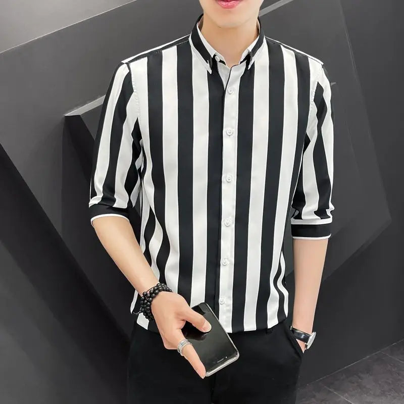 Korean Fashion Trend Handsome Summer Striped Short Sleeved Shirt Men&